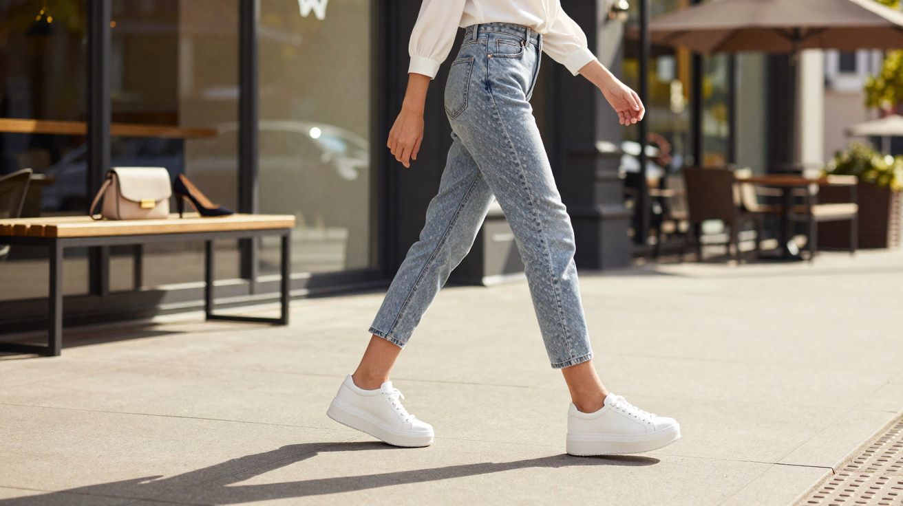 Pessoa caminhando com calça jeans e tênis branco em ambiente urbano ensolarado.