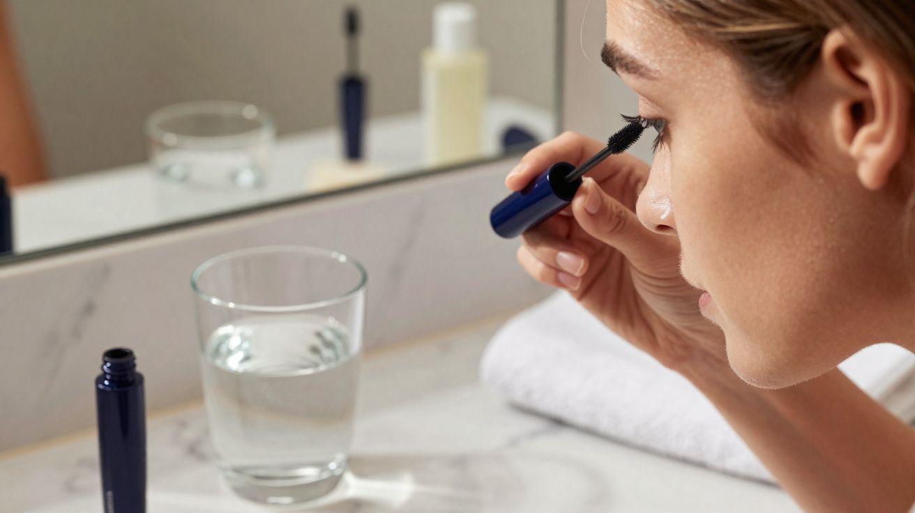 Mulher aplicando máscara de cílios no banheiro com espelho, copo d'água e toalha ao fundo.