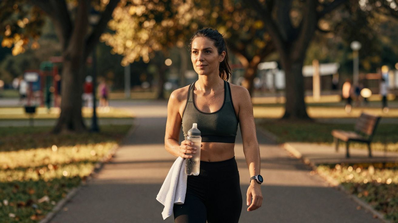 Mulher vestindo roupa esportiva caminhando no parque com garrafa de água e toalha nas mãos ao entardecer.