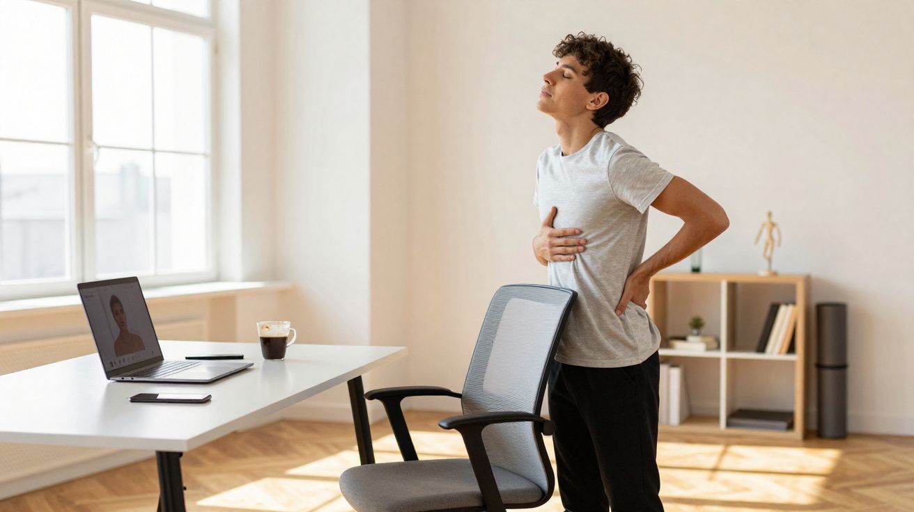 Homem jovem em pé no escritório, com uma mão nas costas e expressão de dor enquanto alonga o corpo.