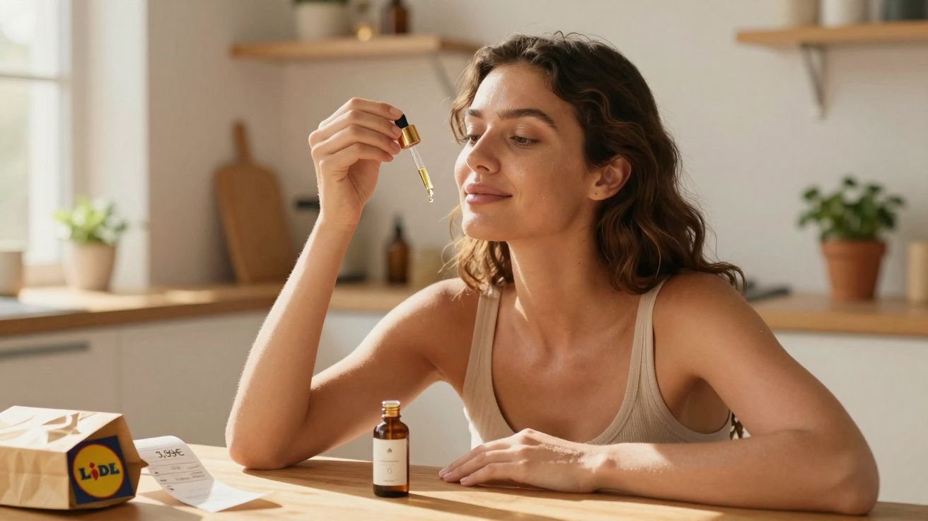 Mulher sorrindo aplicando óleo facial com conta e embalagem da Lidl sobre mesa na cozinha.