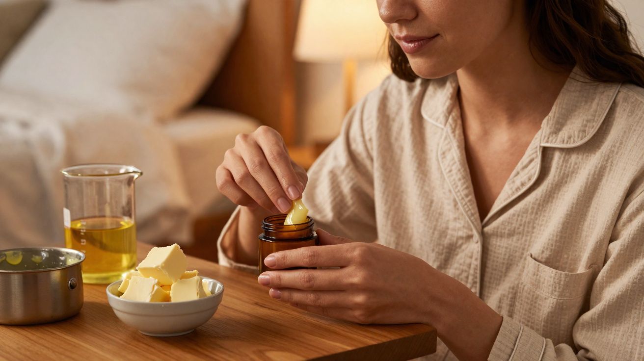 Mulher retirando bálsamo labial de pote, sentada à mesa com acessórios para cuidados pessoais.