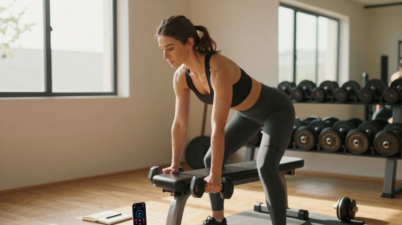 Mulher realizando exercício com halteres em banco na academia com pesos e celular ao chão.