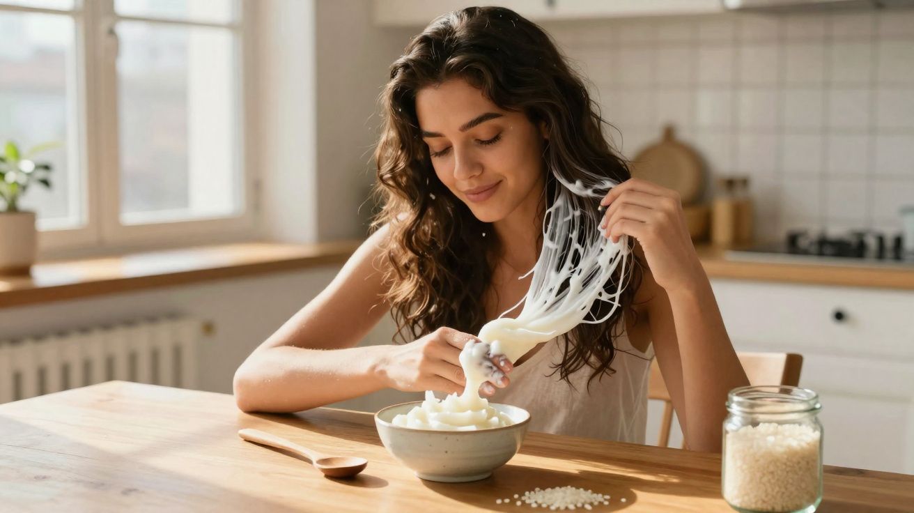 Mulher sorridente puxando macarrão de arroz com pauzinhos em cozinha iluminada e minimalista.