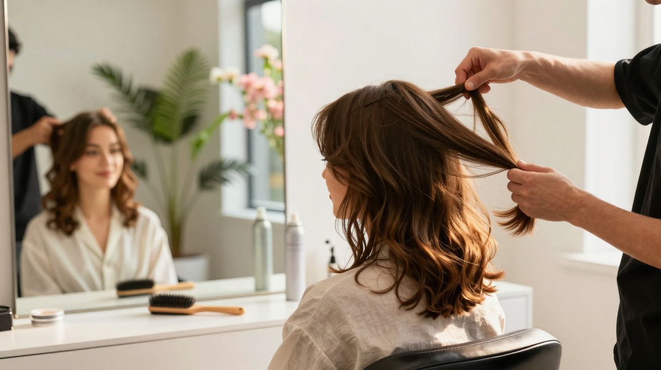 Mulher sentada em cadeira de salão de beleza, com cabeleireiro arrumando seu cabelo castanho ondulado.