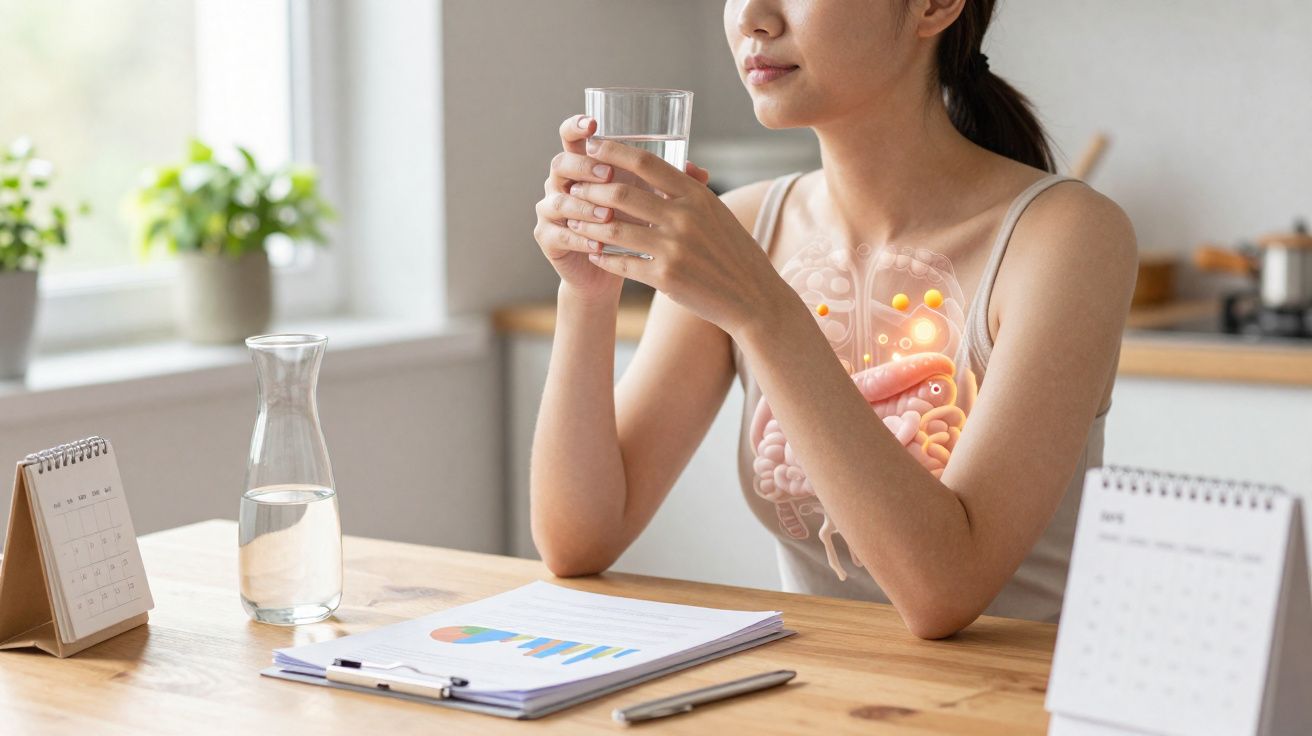 Mulher segurando copo de água com ilustração dos órgãos digestivos em destaque, sentada à mesa.