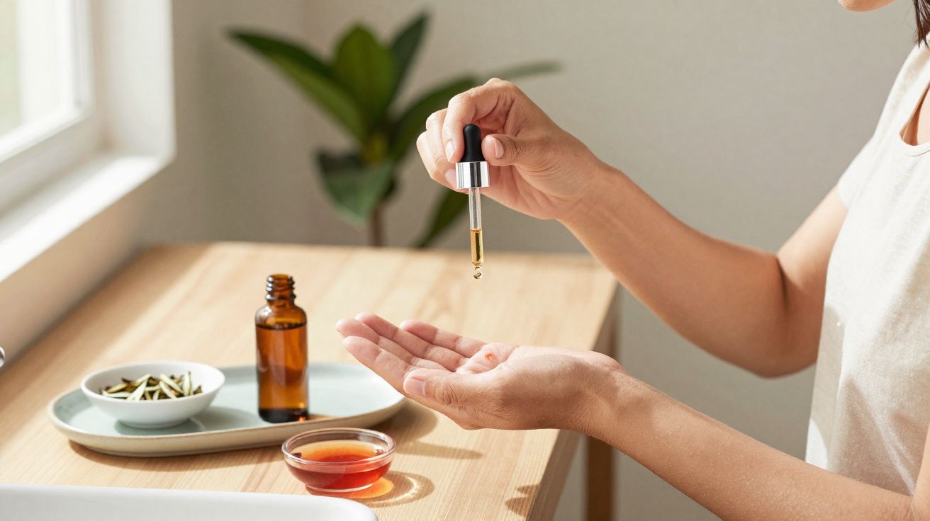 Pessoa aplicando óleo facial com conta-gotas sobre a palma da mão em ambiente iluminado.
