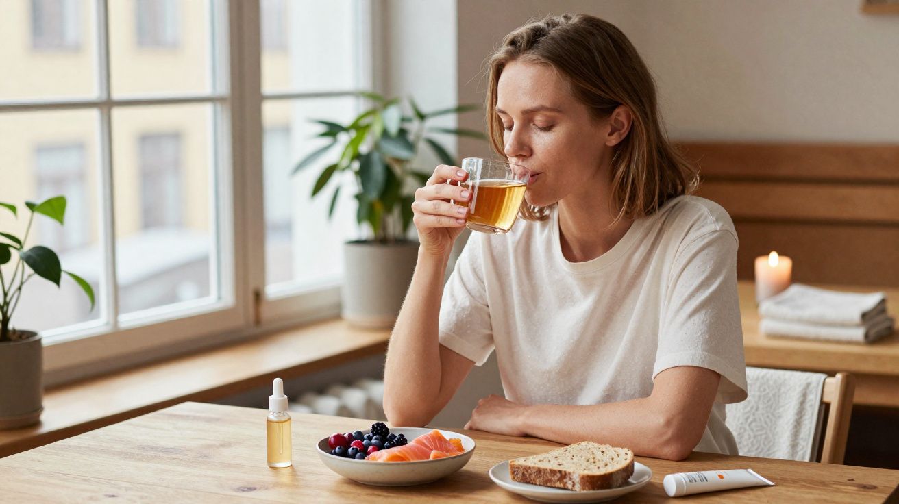 Mulher tomando chá em copo de vidro, sentada à mesa com frutas e pão em ambiente iluminado.