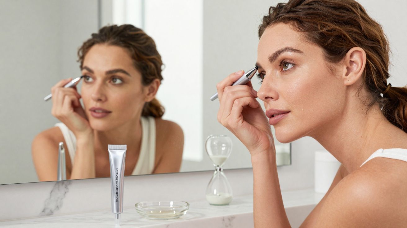 Mulher aplicando maquiagem nas sobrancelhas em frente ao espelho no banheiro.