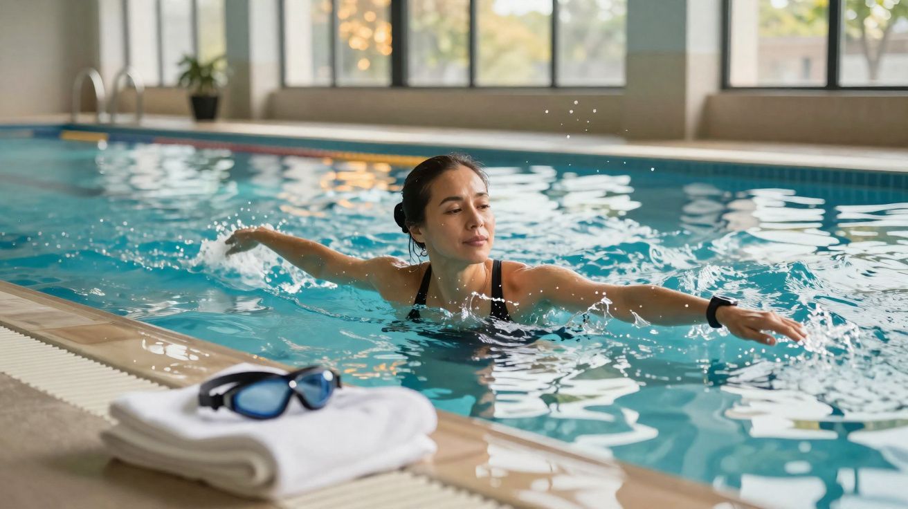 Mulher nadando em piscina coberta, com toalha e óculos de natação na borda da piscina.