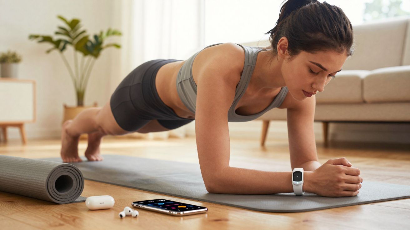 Mulher fazendo prancha em tapete de yoga na sala com fones sem fio e smartphone ao lado.