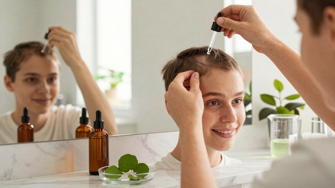 Jovem aplicando óleo capilar na raiz do cabelo em frente ao espelho no banheiro.