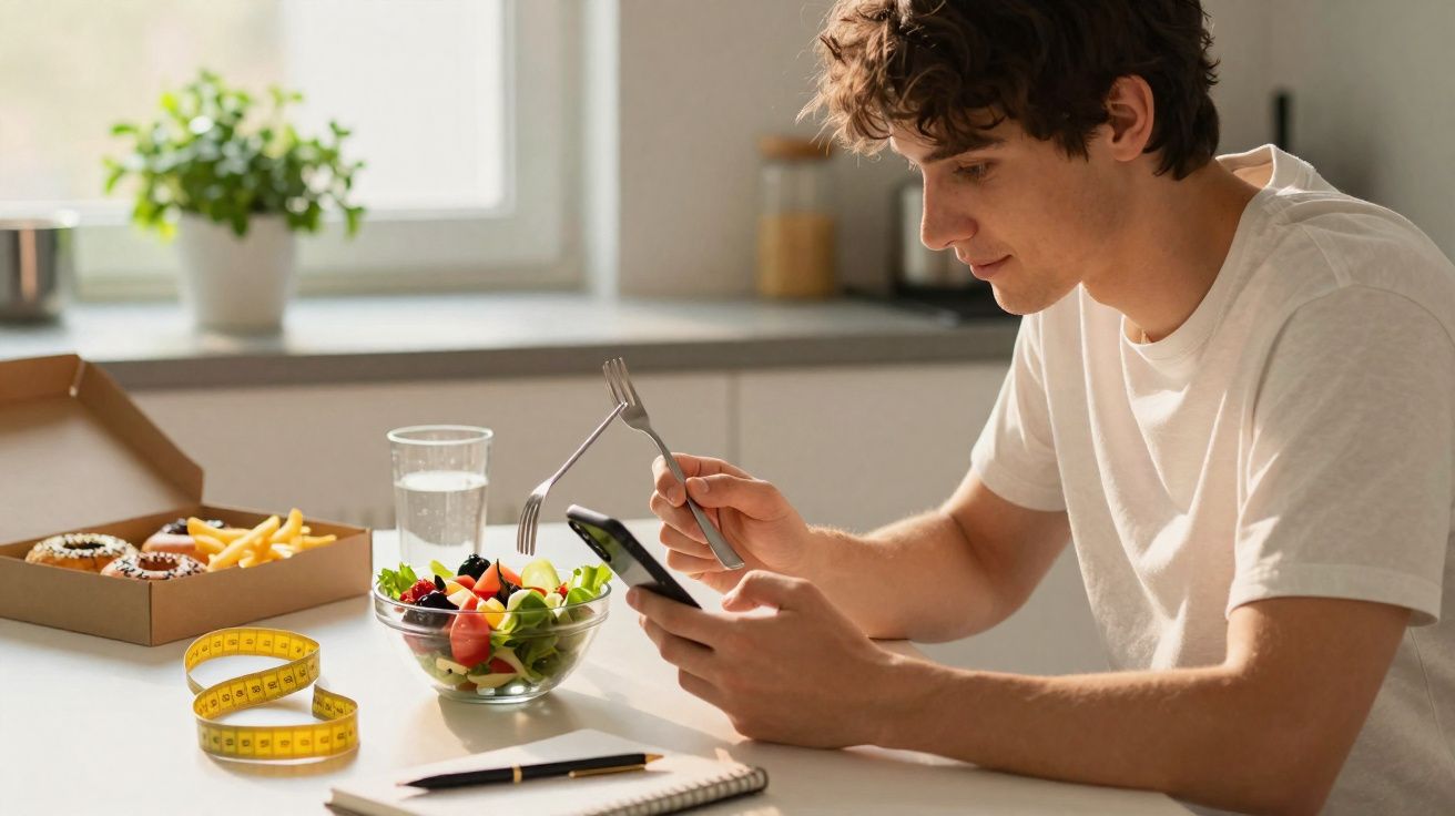 Jovem segurando garfo e celular enquanto está sentado à mesa com salada, anotações e fita métrica.