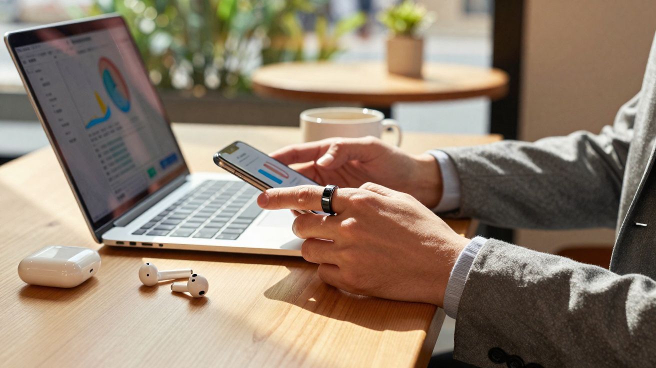Pessoa usando telefone celular e laptop em mesa de madeira com fones de ouvido sem fio e café ao fundo.