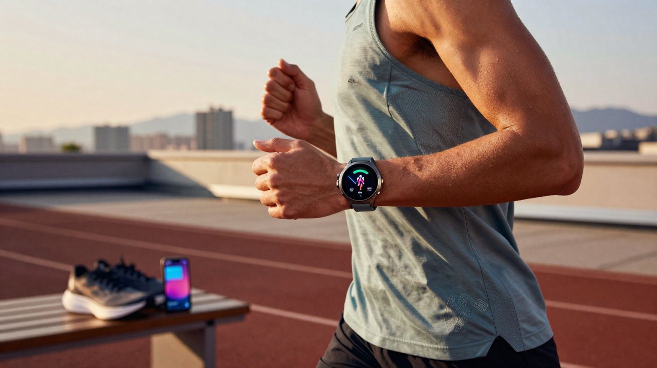 Pessoa correndo em pista de atletismo usando camiseta regata e relógio esportivo preto no pulso.
