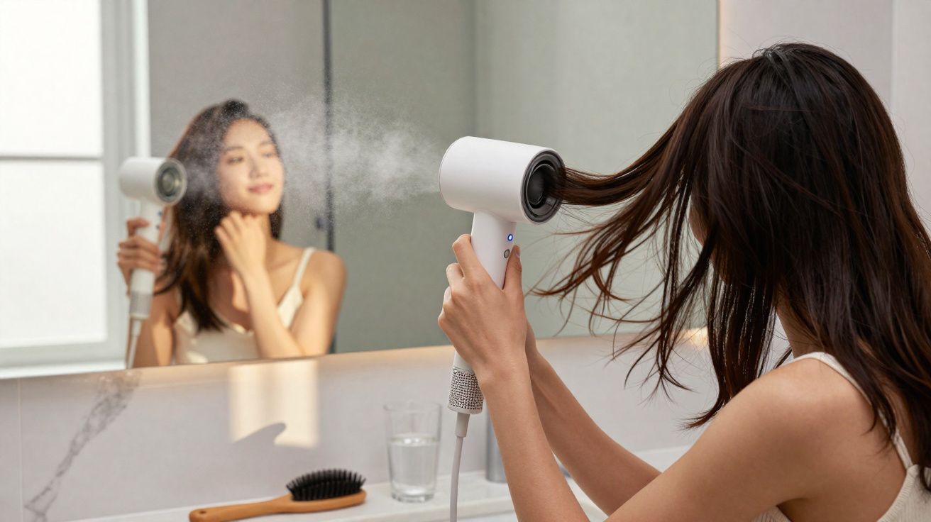 Mulher secando o cabelo com secador branco em frente ao espelho no banheiro.