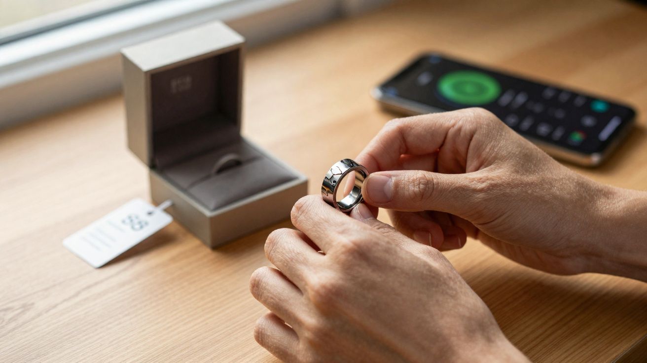 Mãos seguram um anel metálico, com caixa de anel e celular ao fundo sobre superfície de madeira.