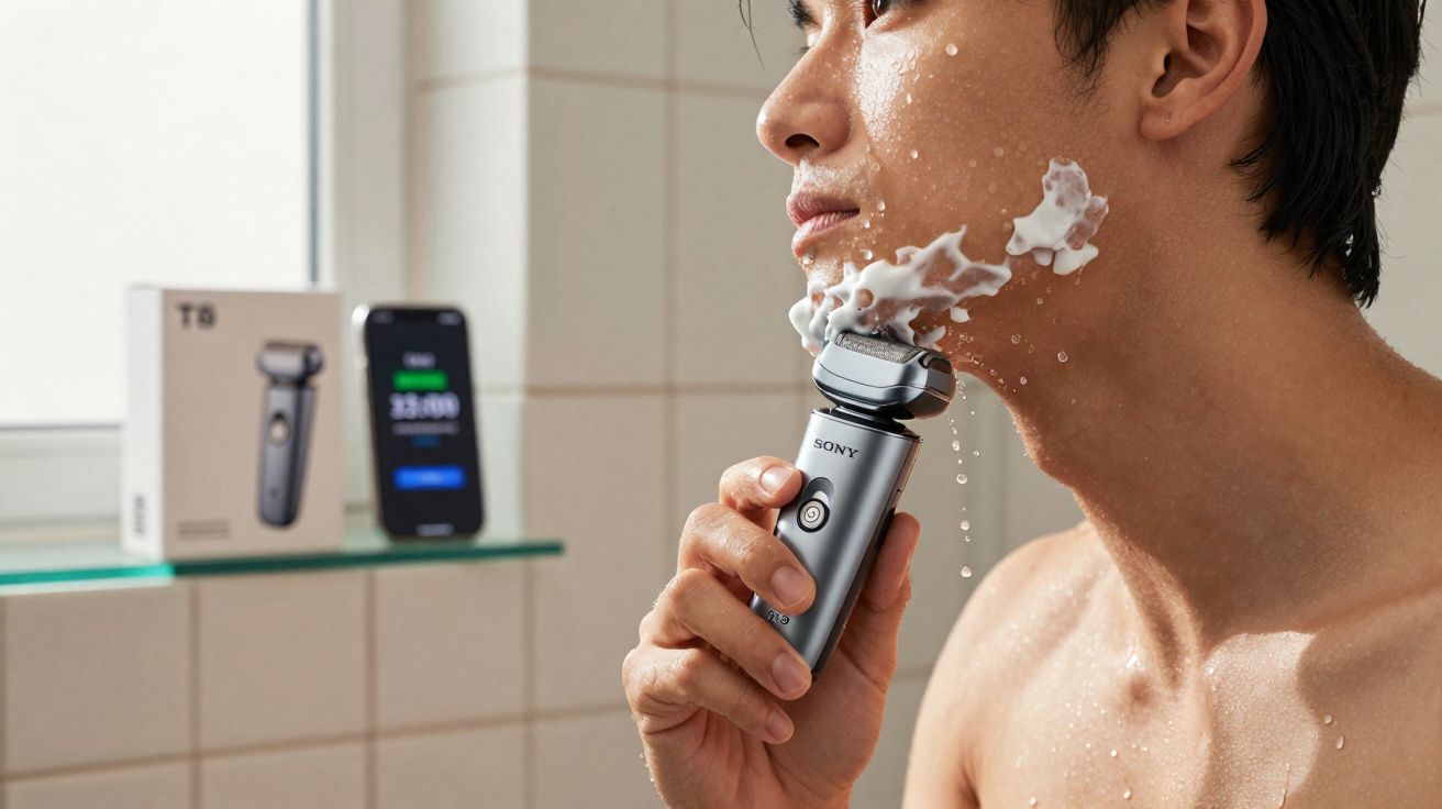 Homem fazendo a barba com barbeador elétrico molhado e espuma de barbear no rosto.