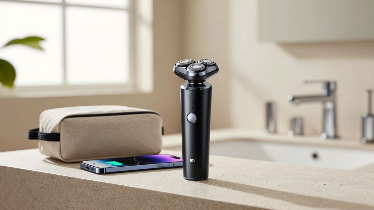Aparador de barba preto, carregando sem fio, ao lado de estojo bege e celular sobre bancada clara de banheiro.
