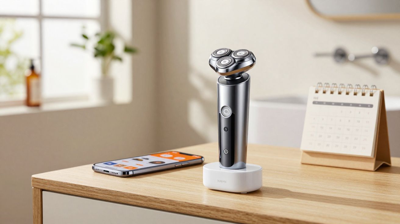 Aparador de barba elétrico preto em base de carregamento sobre cômoda, próximo a celular e calendário.