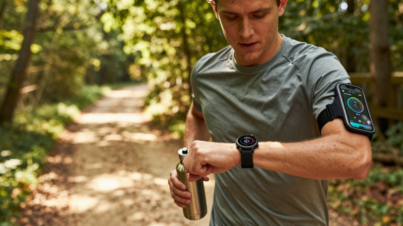 Homem verifica relógio inteligente durante corrida em trilha na floresta, segurando garrafa metálica.