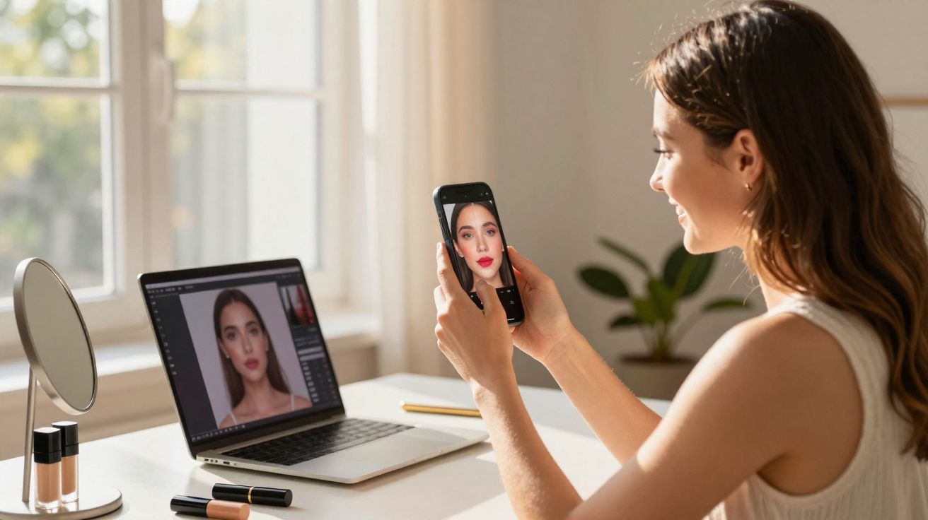 Mulher tirando selfie com batom vermelho, computador com edição de foto em ambiente iluminado.