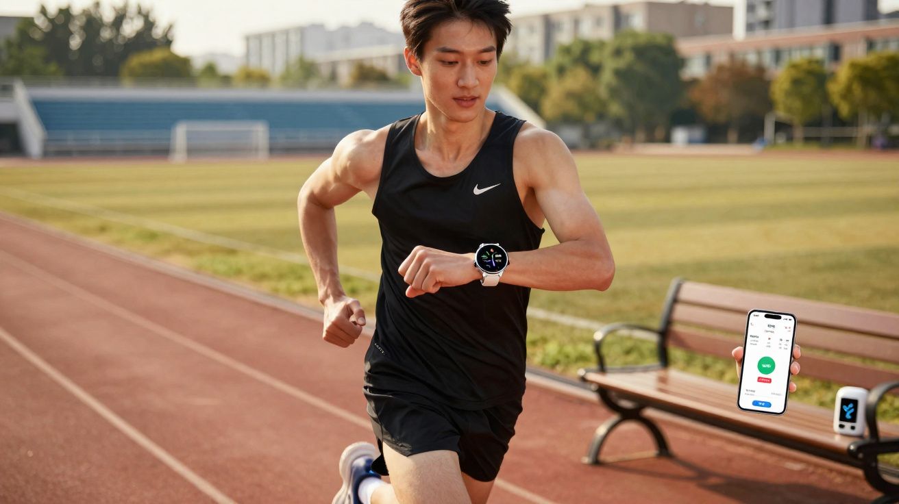 Homem correndo na pista de atletismo usando relógio esportivo e vestido com roupa preta.