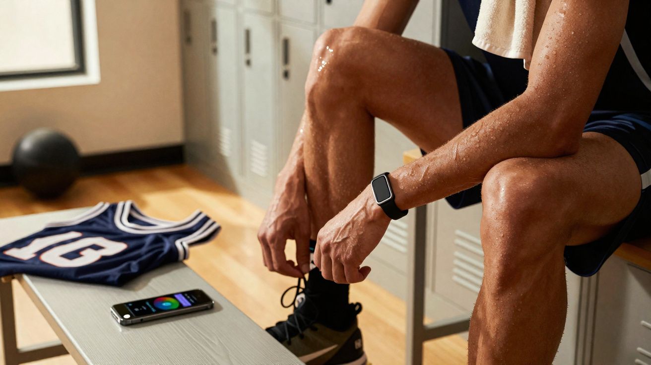 Homem em vestiário amarrando tênis, com camiseta e celular sobre banco de ginásio.