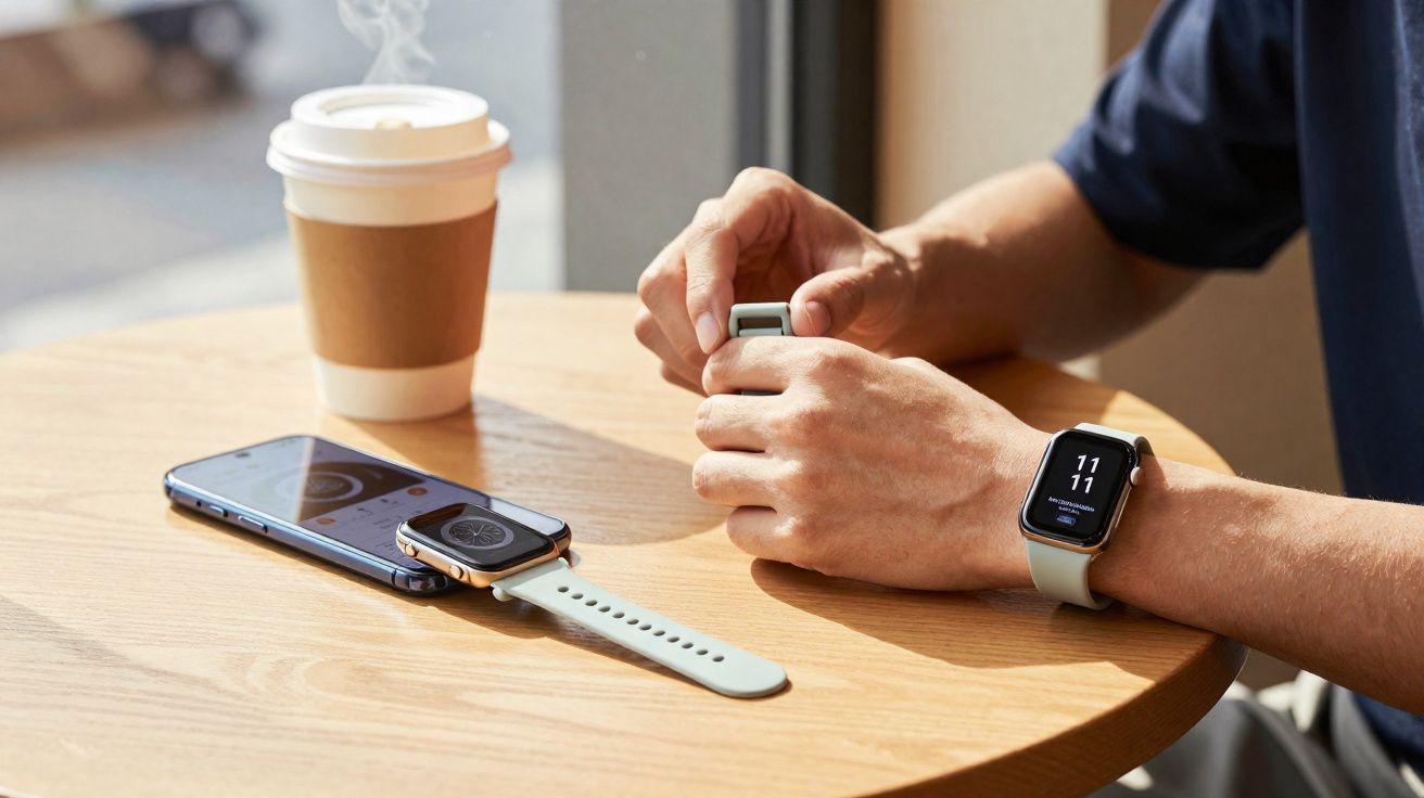 Pessoa ajustando uma pulseira de relógio inteligente com café e celular em mesa redonda de madeira.