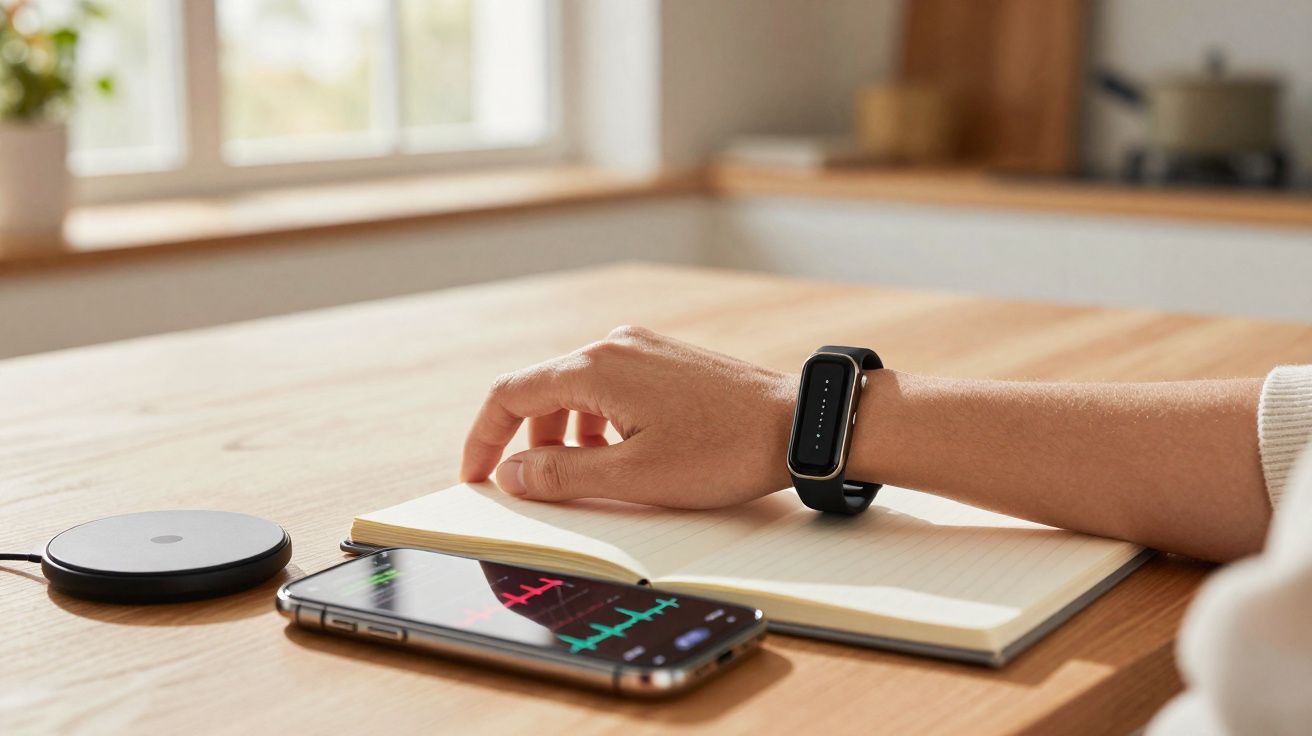 Braço com pulseira inteligente sobre mesa com caderno aberto, smartphone e carregador sem fio.