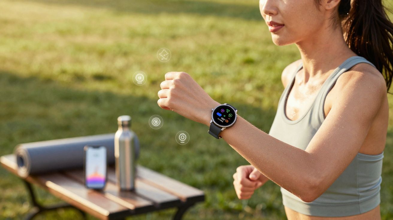 Mulher em roupa de esporte olhando para relógio inteligente em área verde com garrafa e celular ao fundo.