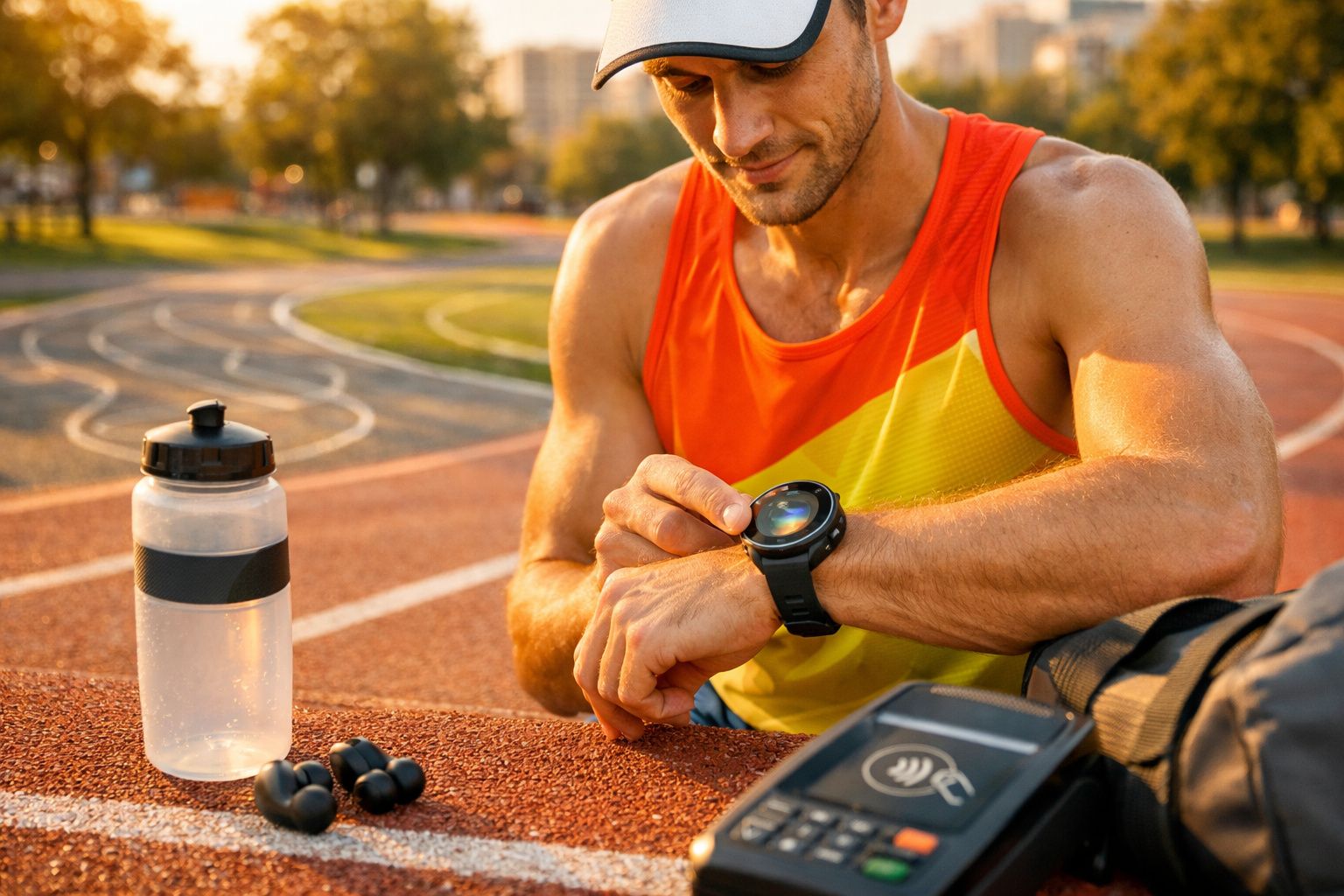 Homem com regata laranja checando relógio esportivo em pista de corrida ao pôr do sol.