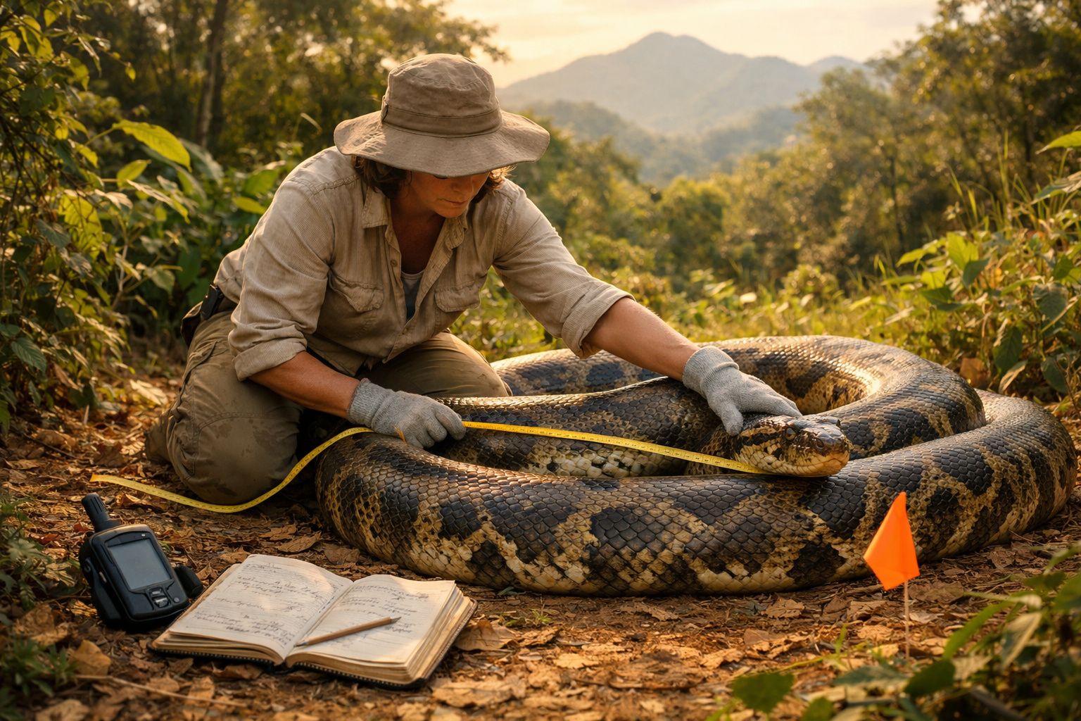 Pesquisadora mede a jiboia gigante enrolada no chão em área florestal com caderno e rádio ao lado.
