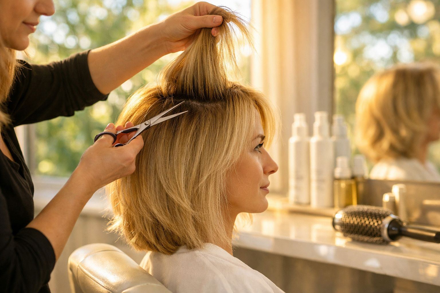 Mulher loira recebendo corte de cabelo em salão de beleza, com tesoura próxima à raiz.
