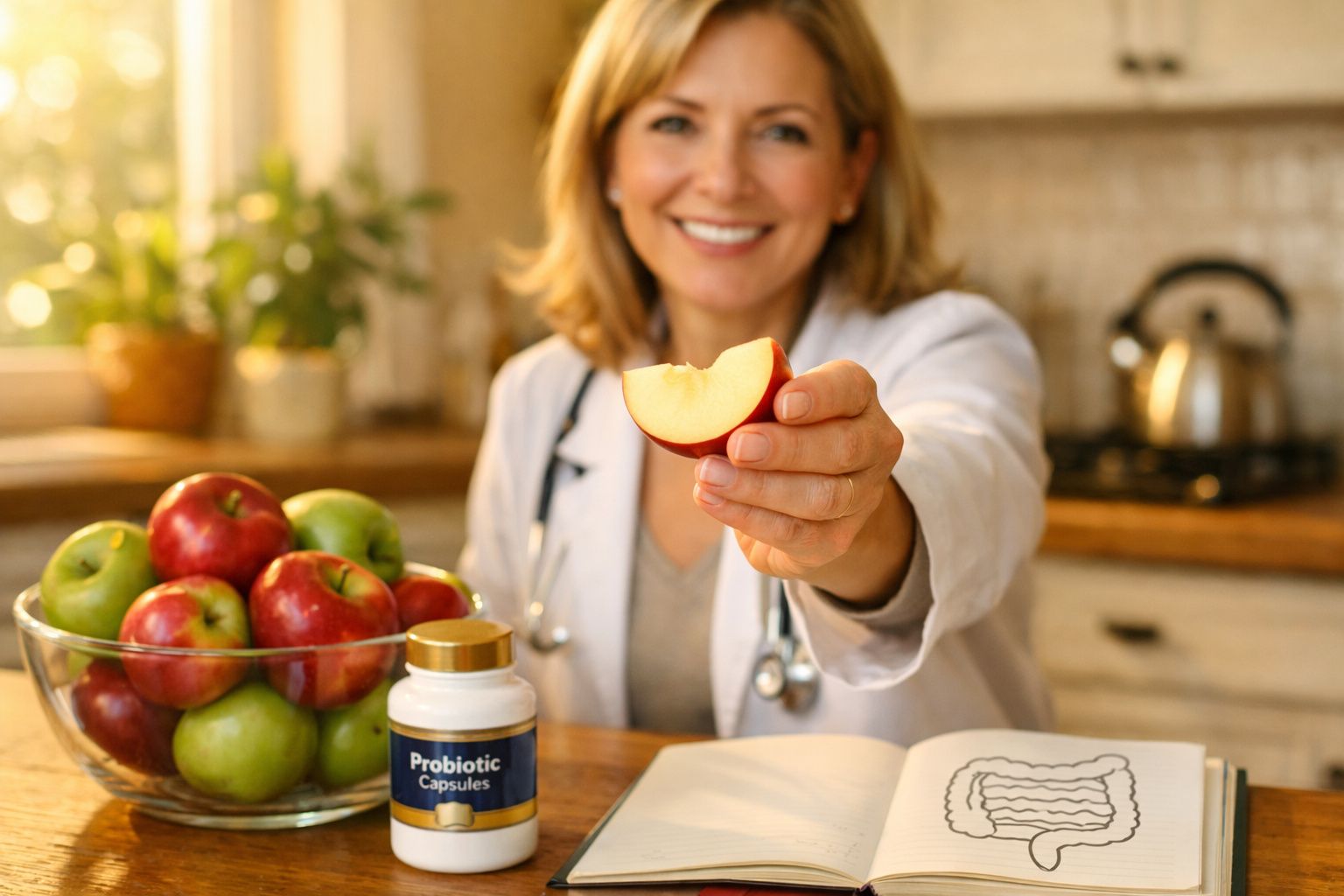 Médica sorridente segurando fatia de maçã com maçãs e probióticos na mesa à sua frente.
