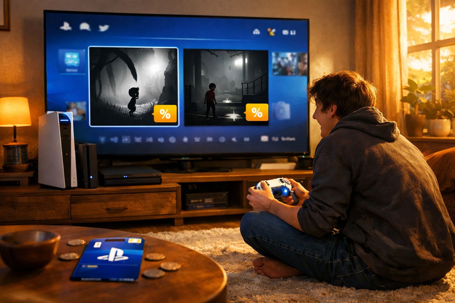 Jovem sentado no chão jogando videogame em console PlayStation com TV exibindo jogos em promoção.