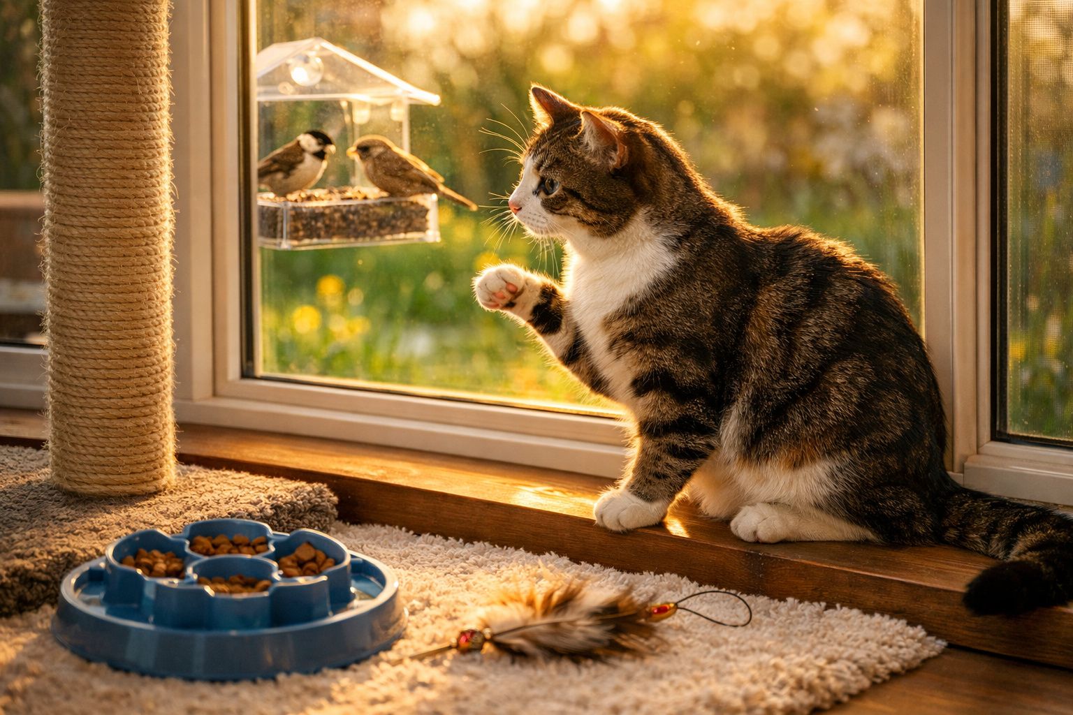 Gato sentado à janela tentando tocar pássaros que estão em comedouro externo durante o pôr do sol.