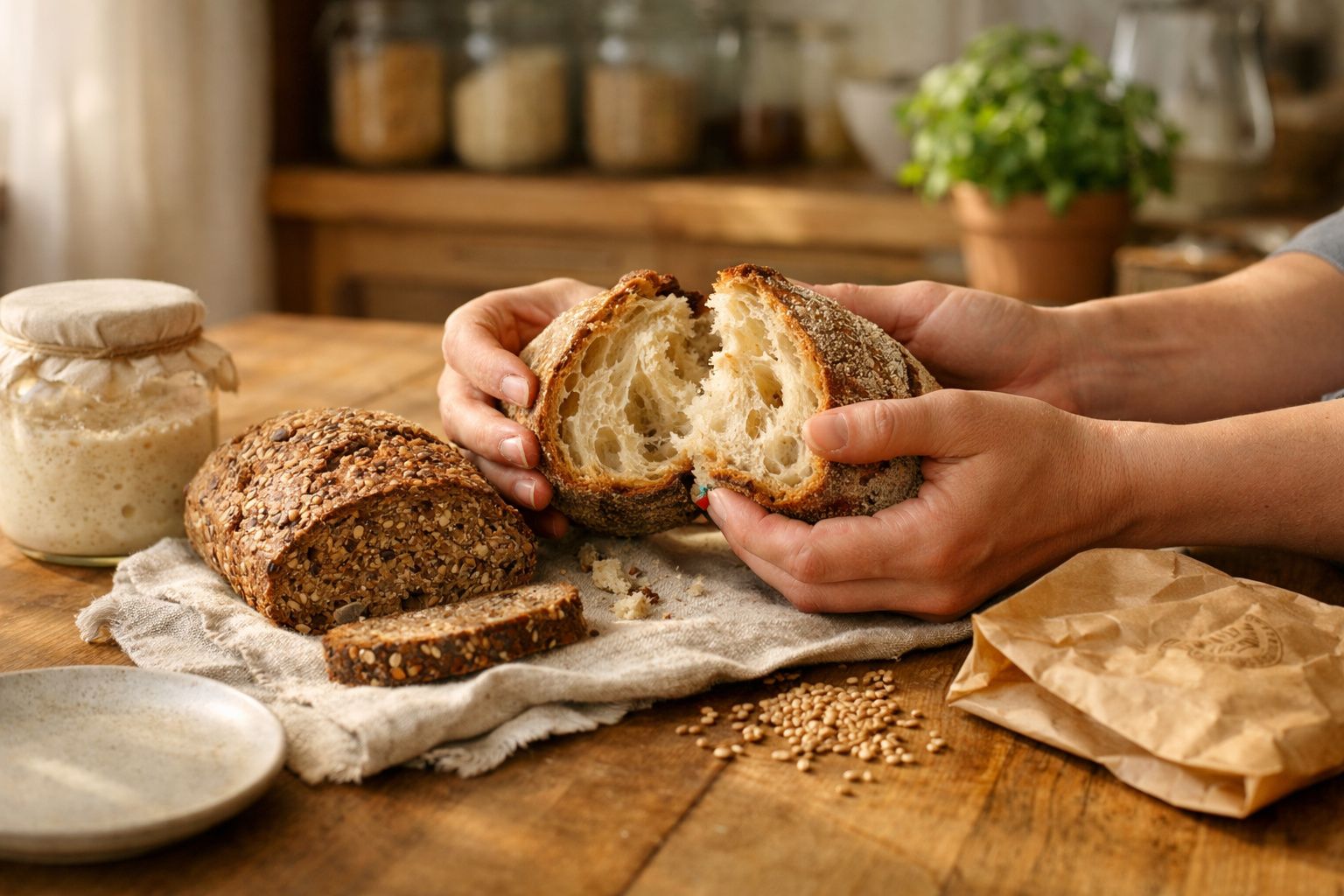 Mãos segurando pão rústico partido ao meio, ao lado pão integral fatiado e pote de fermento sobre mesa de madeira.