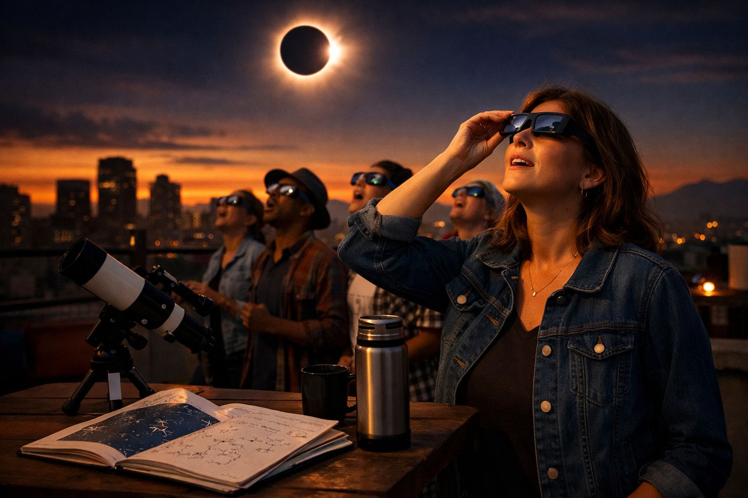 Pessoas observando eclipse solar com óculos especiais, perto de telescópio e mapas astronômicos ao entardecer na cidade.
