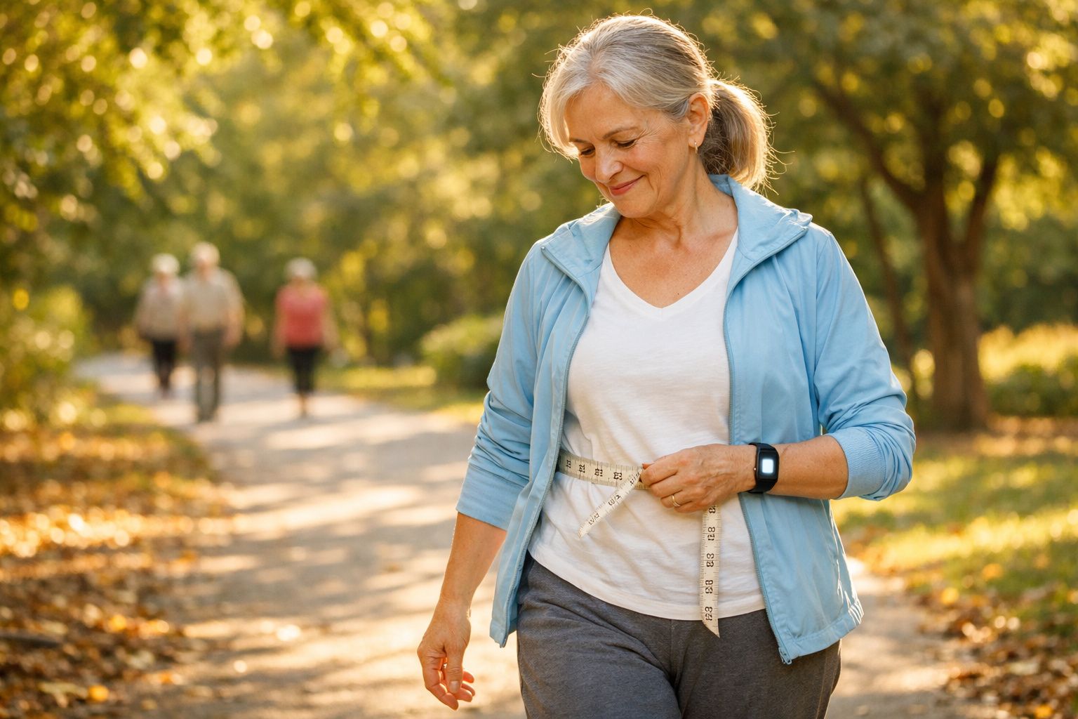 Mulher madura sorridente medindo a cintura com fita métrica durante caminhada ao ar livre.