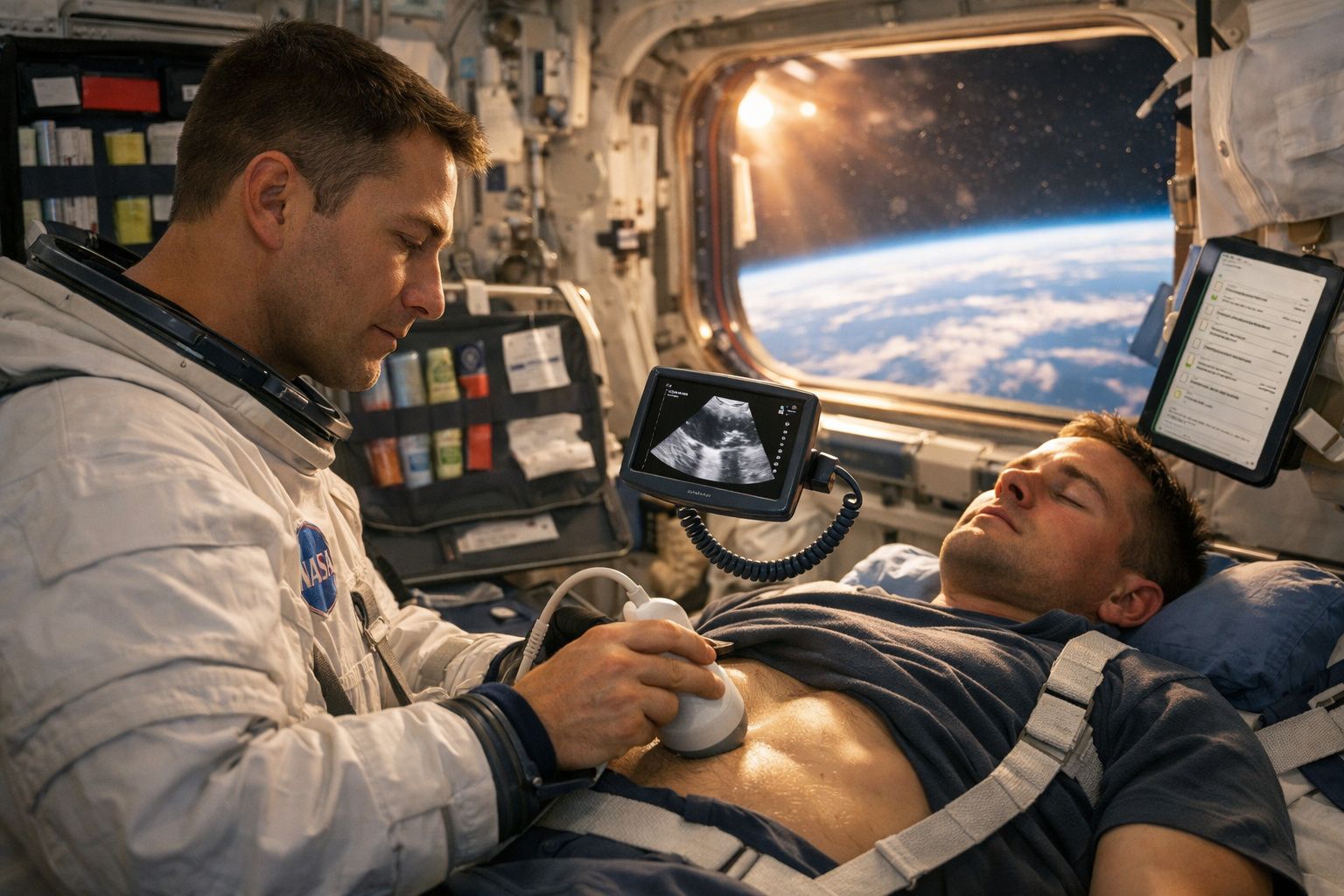 Astronauta usando aparelho de ultrassom em outro astronauta deitado na cápsula espacial com vista da Terra ao fundo.