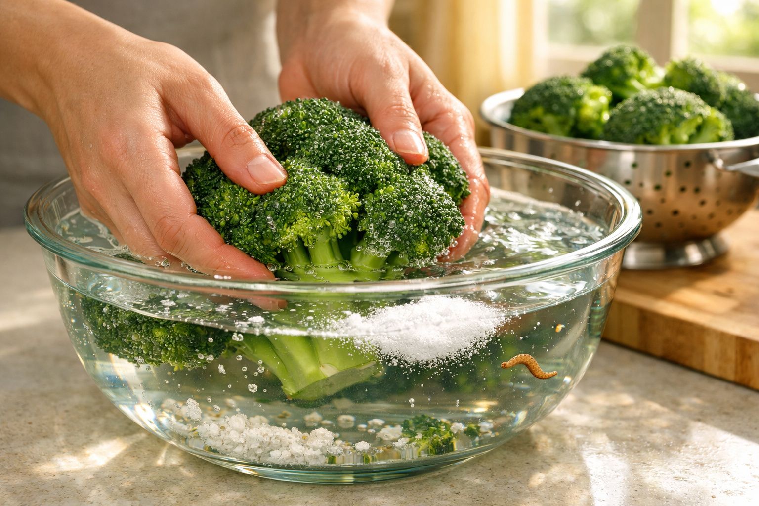 Pessoa lavando brócolis em tigela de vidro com água e sal, com mais brócolis em escorredor ao fundo.