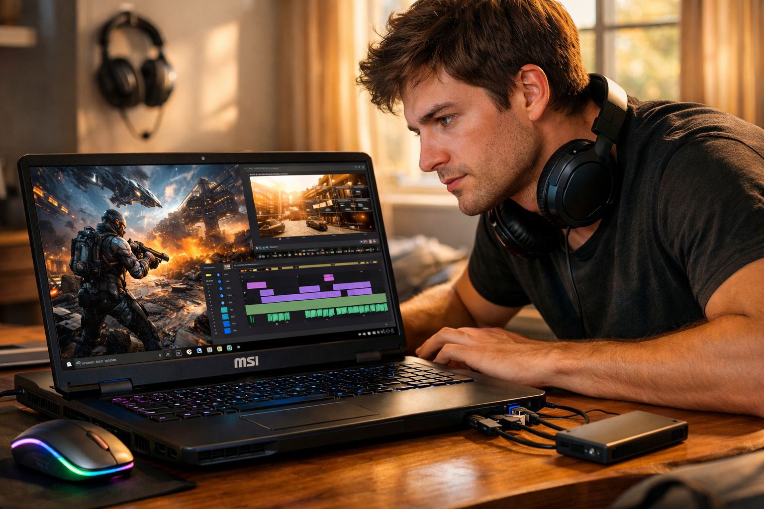 Homem concentrado editando vídeo de jogo de tiro no laptop MSI com fones de ouvido ao redor do pescoço.