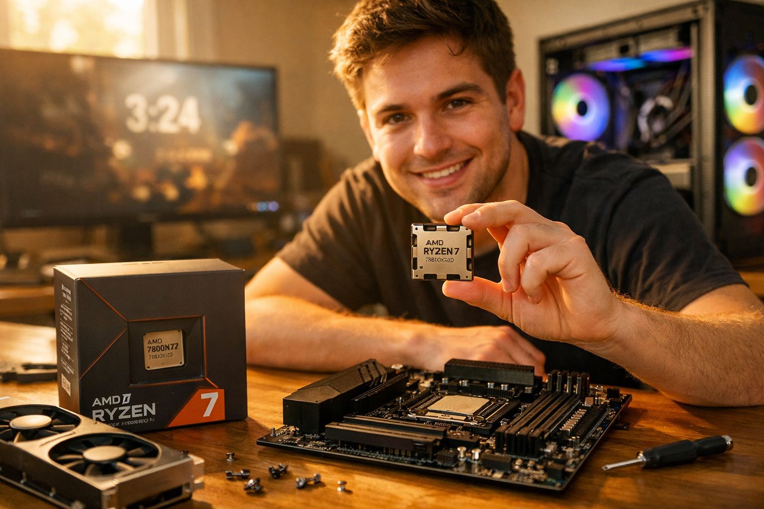Homem sorridente segurando processador AMD Ryzen 7 próximo a placa-mãe em mesa com PC gamer ao fundo.