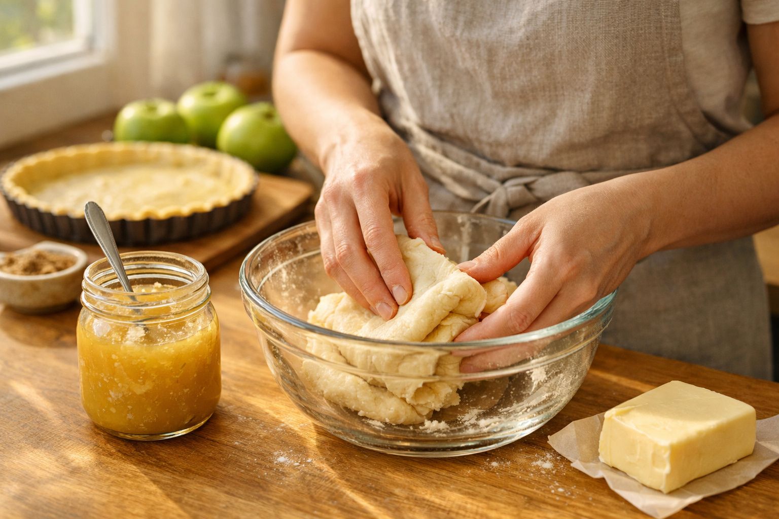 Pessoa sovando massa em tigela de vidro com ingredientes para torta sobre bancada de madeira.
