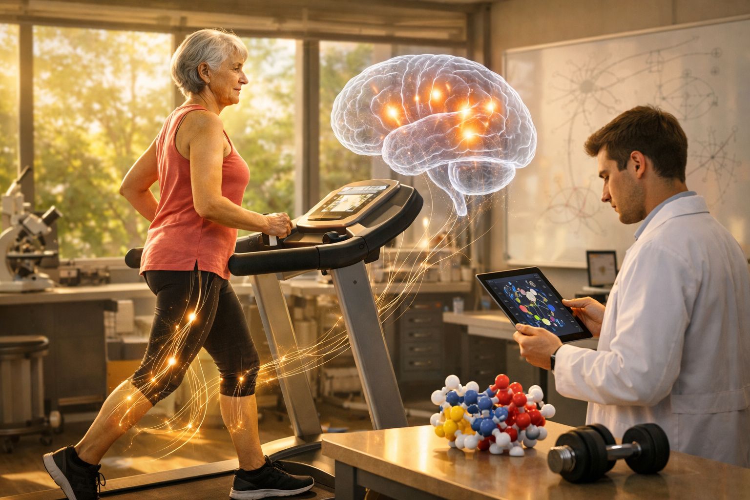 Mulher idosa caminhando na esteira enquanto cientista observa dados em tablet sobre cérebro e conexões neurais.
