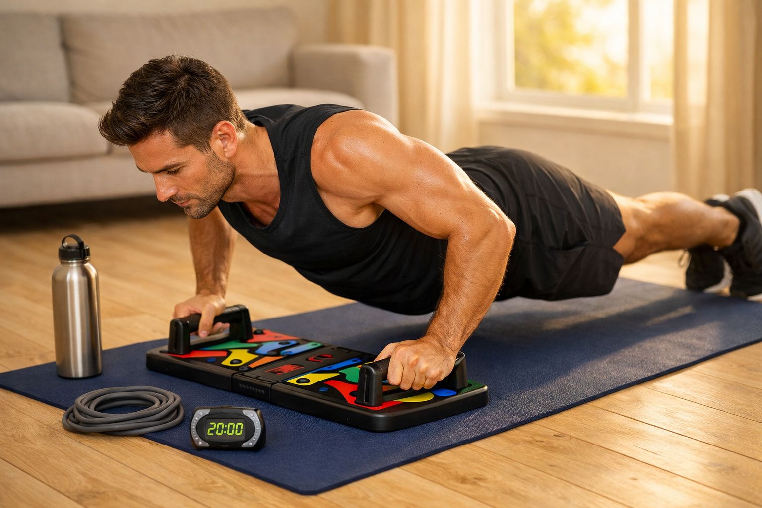 Homem fazendo flexão com apoio de dispositivo colorido em tapete dentro de casa, próximo a garrafa e timer digital.