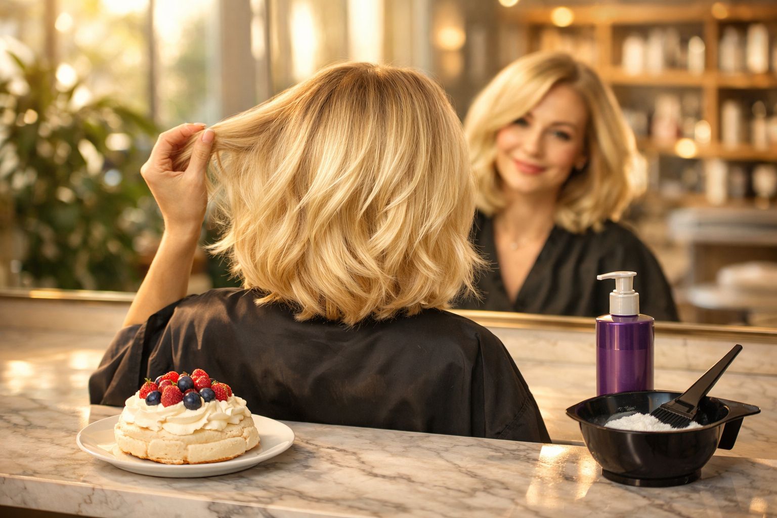 Mulher loira olhando no espelho em salão de beleza com bolo e produtos de cabelo à frente.