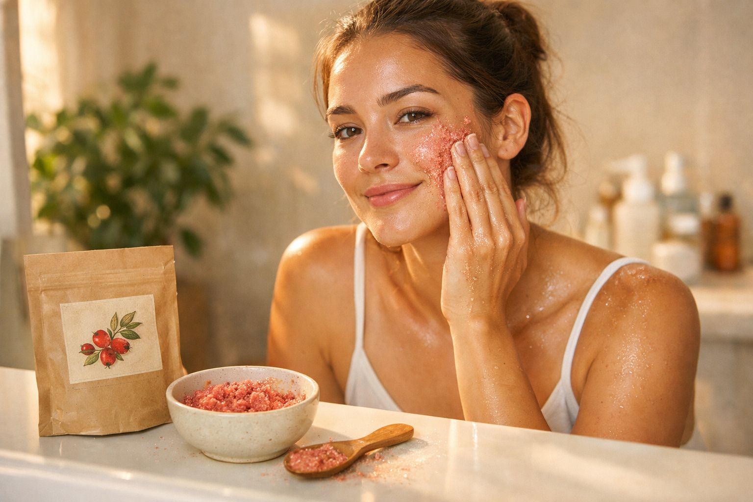 Mulher aplicando esfoliante facial vermelho caseiro em ambiente iluminado e acolhedor.