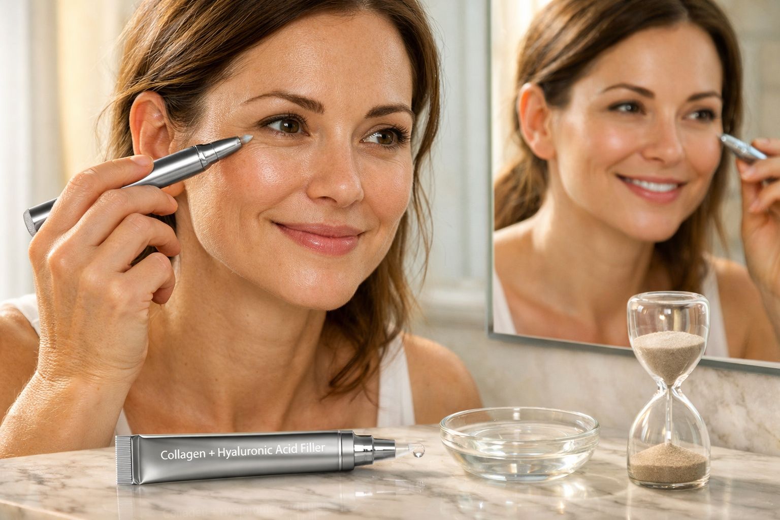 Mulher aplicando produto facial anti-idade perto do espelho com ampulheta e tigela de água na bancada.